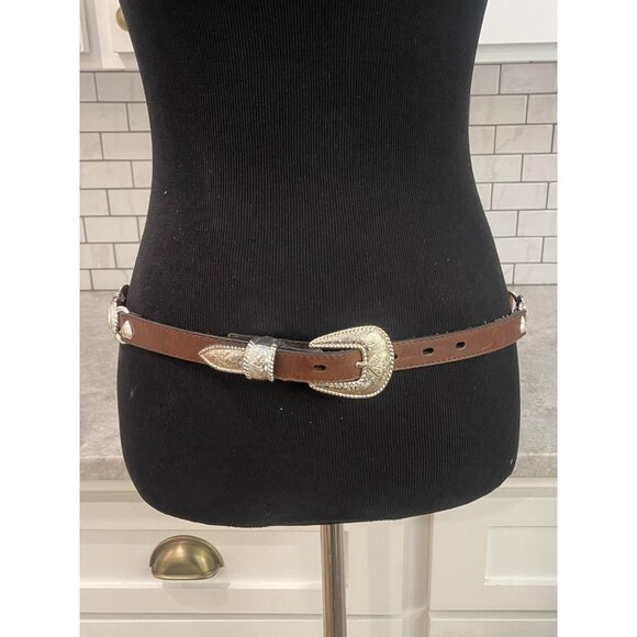 Western Concho Belt Womens Medium Brown Leather Silver Heart Buckle Boho Cowgirl - Picture 2 of 6